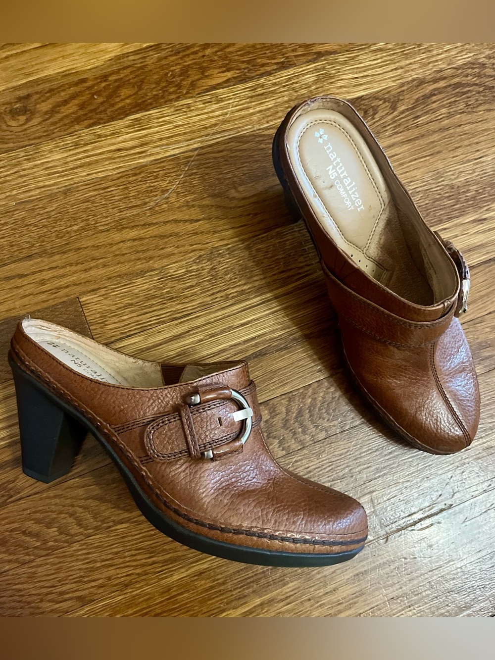 Naturalizer 7 mules clogs heels drifter brown leather buckle earthy granola